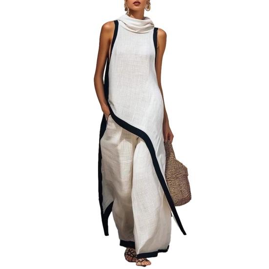 

Women Color Block Cotton Linen Two-Piece Outfit Asymmetrical Hem Mock Neck Sleeveless Top Wide-Leg Pants Vacation Lounge Sets S белый