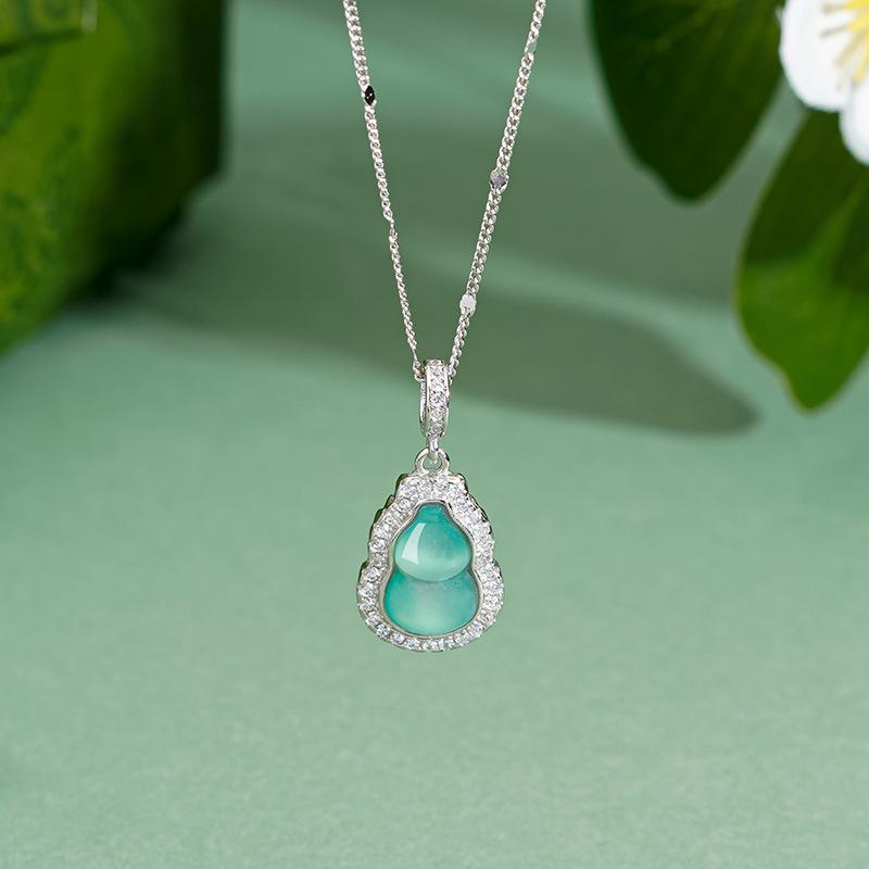Tichiya S925 Sterling Silver Jade Gourd Necklace for Women with Zircon Detailing – Elegant Chinese Style in Blue. 925 Silver