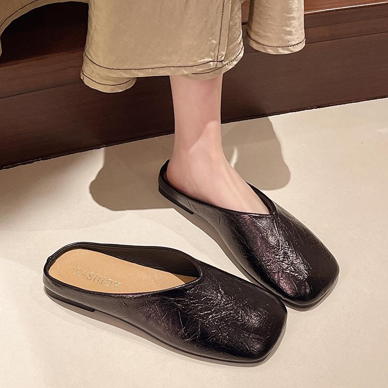 Fashion Concise Mules Shoes Cover Toe Outdoor Slippers Women Genuine Leather Low Heels Summer Sandals Party Golden Shoes