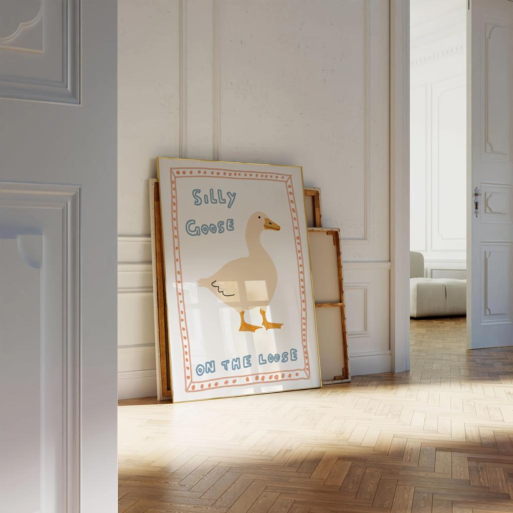 1pc "Silly Goose on the Loose" Canvas Art Print - Light Beige Duck Illustration with Blue Text, Frameless Wall Decor for Bedroom