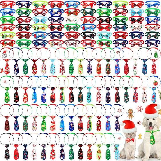 Eccliy 120 Pcs Christmas Dog Bow Tie Collar for Dogs Christmas Dog Bows Dog Neckties Adjustable Santa Claus Snowman Pattern Dog Hair Accessories for