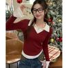 Women's Red Two-Piece Christmas Sweater Shirt with Stylish Knit Collar