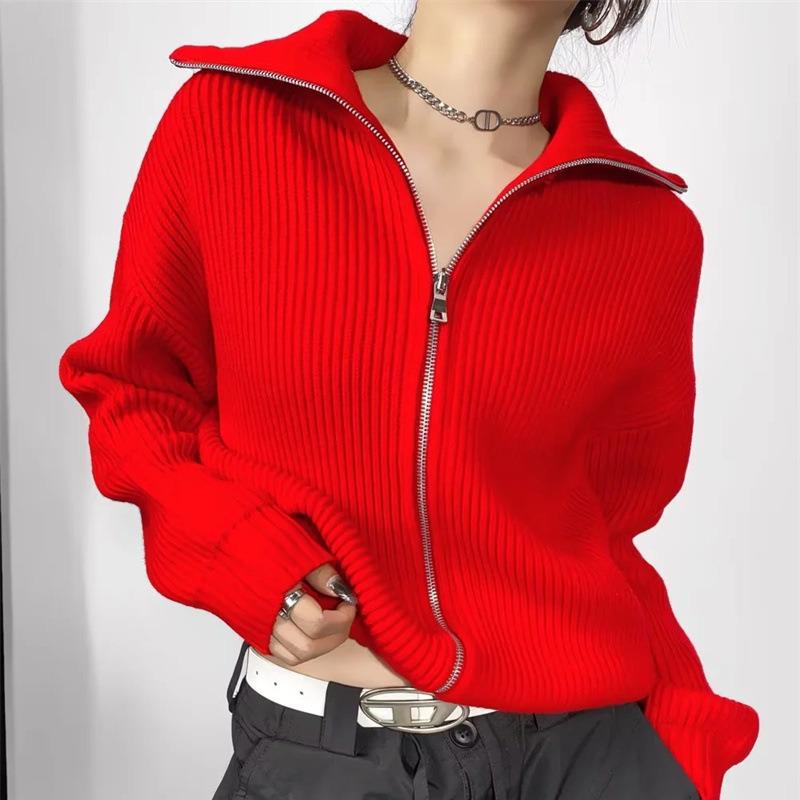 Chic Korean Double Zipper Lapel Sweater: Casual Autumn Loose Cardigan
