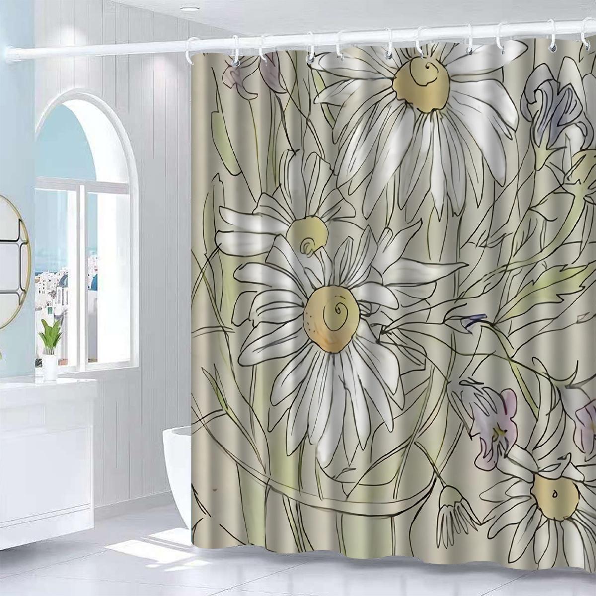 

1pc Elegant White Chrysanthemum Polyester Shower Curtain, Machine Washable, All-Season Arts Themed Bathroom Decor W90xH180cm