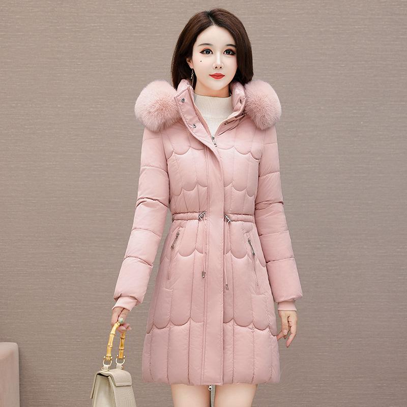 Zahraniční obchod zimní bavlněná dámská nová středně dlouhá korejská verze pas zateplená bavlněná bunda nový bavlněný kabát velký kožešinový límec