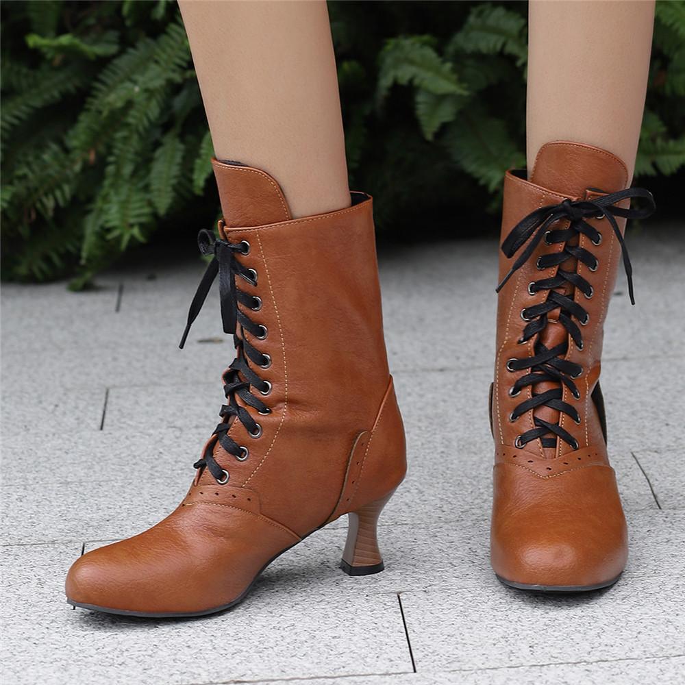 Fashion 2026 New Lace Up Ladies High Heel Shoes Strange Steampunk Boot Victorian Ankle Boots Women Pointed Toe Thick Soled Short Boots