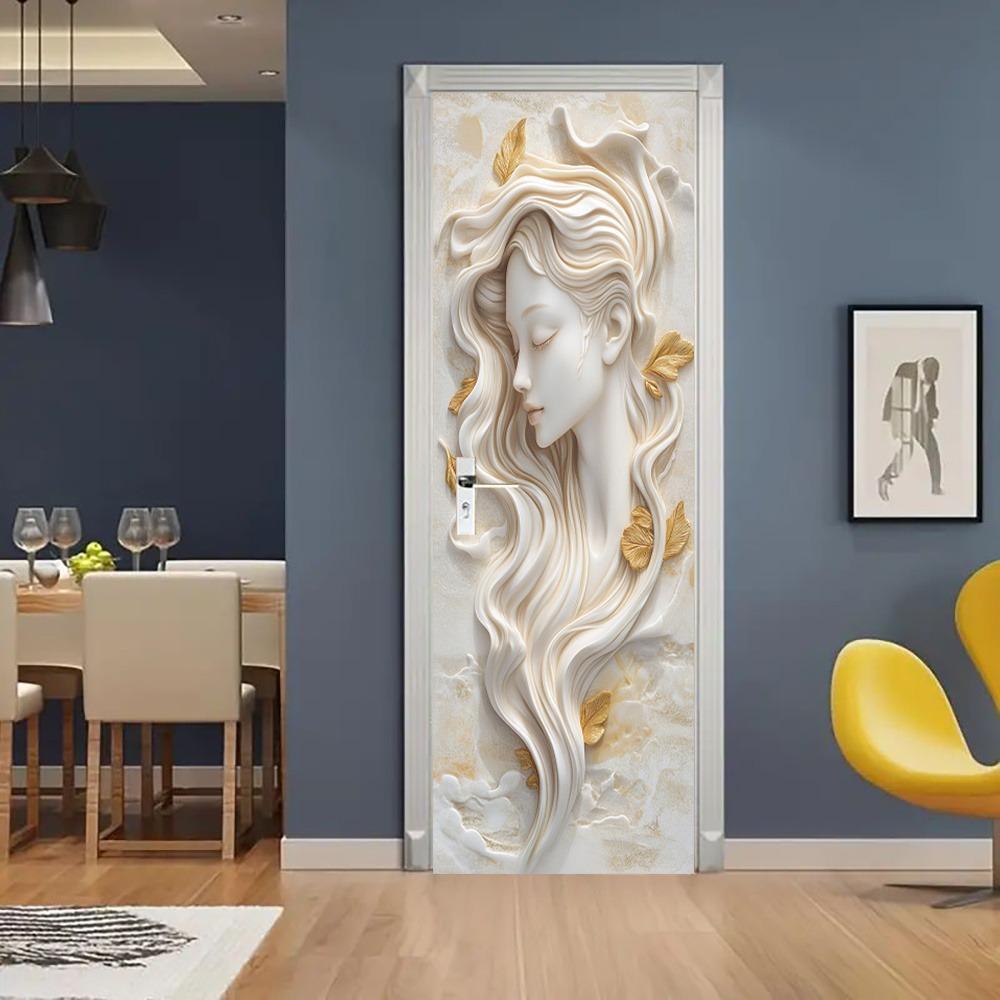 Stylish Gold Leaf Abstract Door Sticker - Elegant 3D Sculptural Feminine Art Door Sticker, Removable Self-Adhesive Wallpaper
