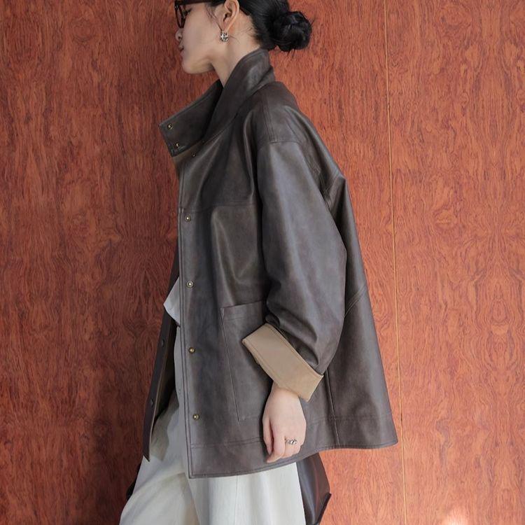 Women's Single-Breasted Reversible Leather Jacket In Coffee - Loose Fit, Casual Top for Early Spring 2025