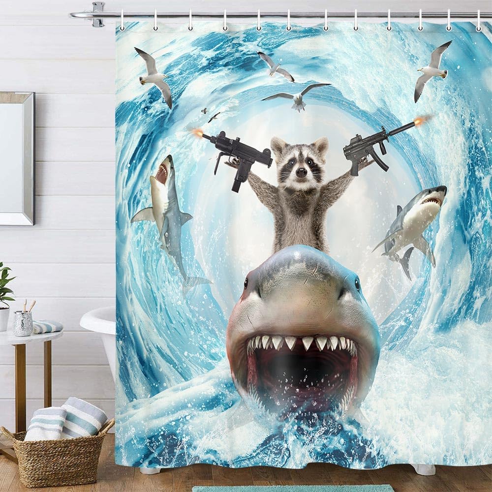 Annier Funny Animal Shower Curtain, Cute Raccoons Ride Shark Ocean Waves Shower Curtain With Hooks, Nautical Coastal Fabric Bathroom