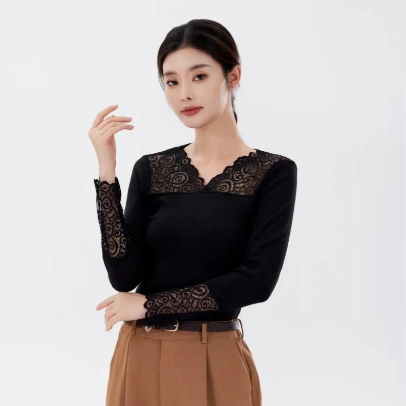 New Long-sleeved Black Thermal Top Simple and Versatile Inner T-shirt Slim Fit Lace Shirt for Women
