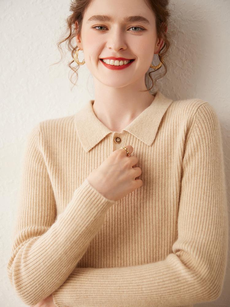 Women's Cashmere Polo Collar Sweater - Autumn/Winter Style with Button Detail