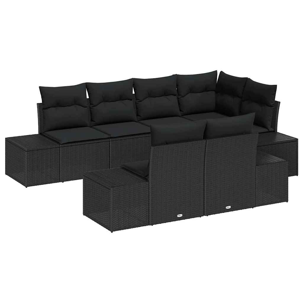 7 Piece Garden Sofa Set with Cushions Black Poly Rattan