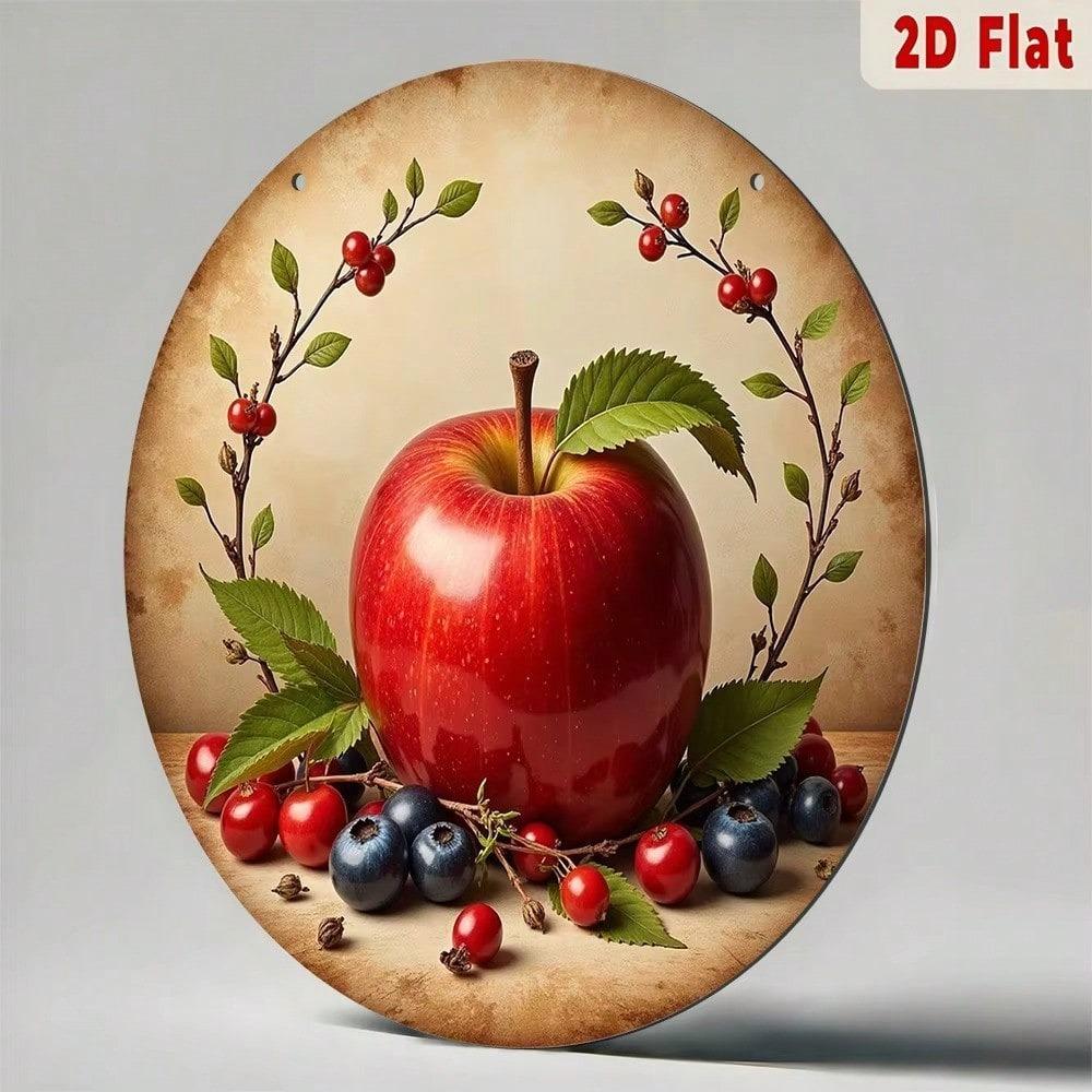 Round Metal Wall Art Apple and Berry Still Life Vintage Kitchen Poster