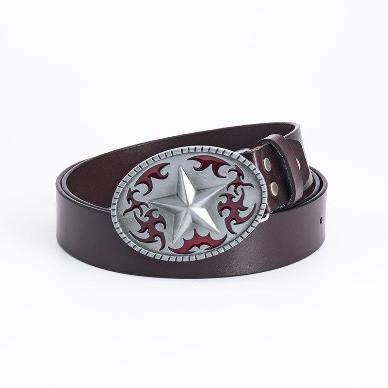 Pentagram Men's Cowhide Belt - Retro Smooth Buckle, Wide 130cm Decorative Trouser Belt
