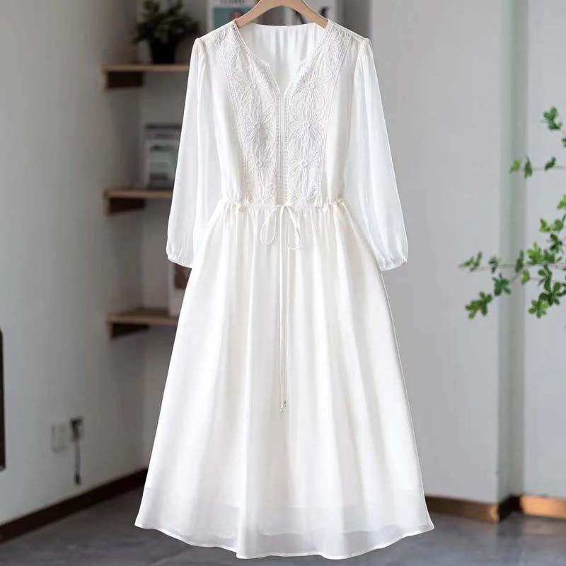 Embroidered Chiffon Dress For Women With Vneck And Long Bubble Sleeves For Spring Summer Wear