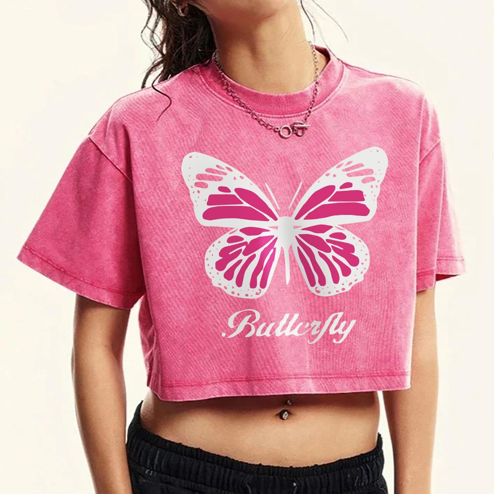 Creative Pink Butterfly Prints Washed T-Shirt Women Casual Cotton T Shirts Soft Crewneck Short Sleeve Fashion Tops