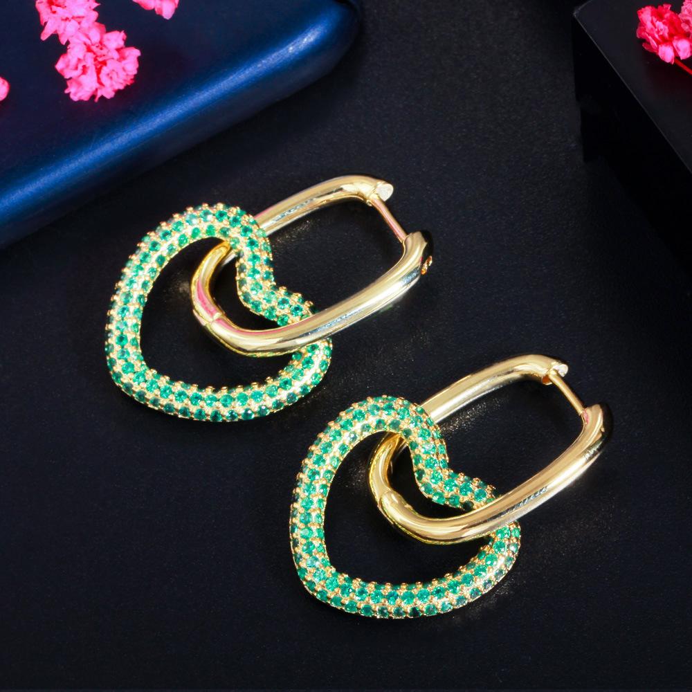 Personalized Double-Ring Buckle Heart-Shaped Earrings Slightly Inlaid With Colored Zircon Hip-Hop Earrings.