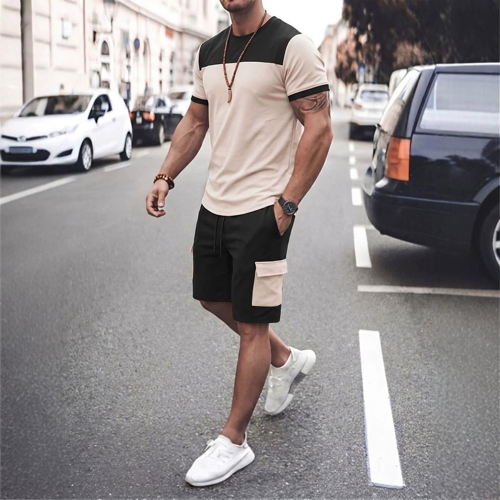Men Color Block Casual Round Neck Short Sleeve T Shirt Cargo Shorts Two Piece Set