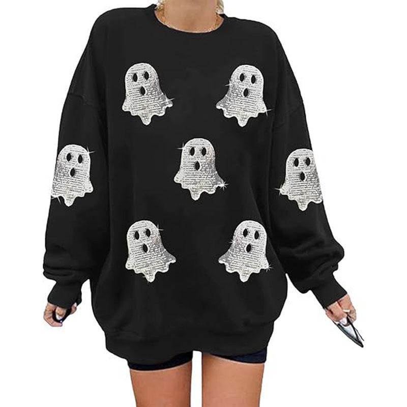 Hallowmas Ghost Print Long Sleeve Sweatshirt Women Crew Neck Oversized Pullover Top