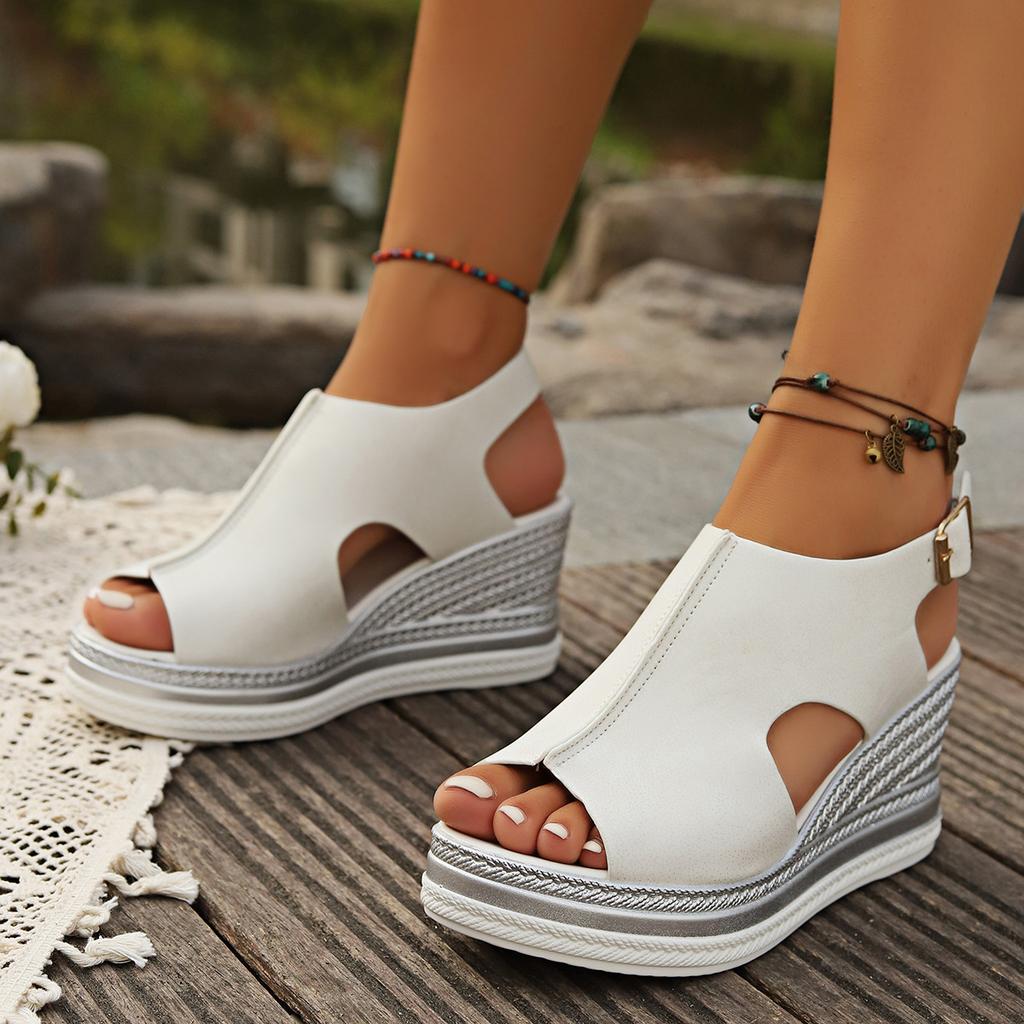 Summer new large size foreign trade women's shoes Roman wind slope heel thick sole hollow fish mouth sandals women's foreign trade high heel sandals