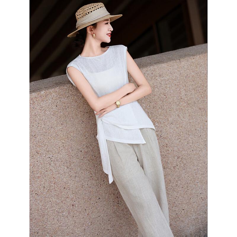 Lanseer Women s Elegant Sleeveless Tie-Waist Blouse M