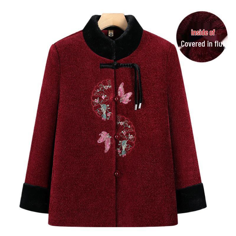 Embroidered Winter Plus Cotton Jacket for Middle-Aged & Elderly Women, Grandma and Mom, Velvet Lined for Cold Protection