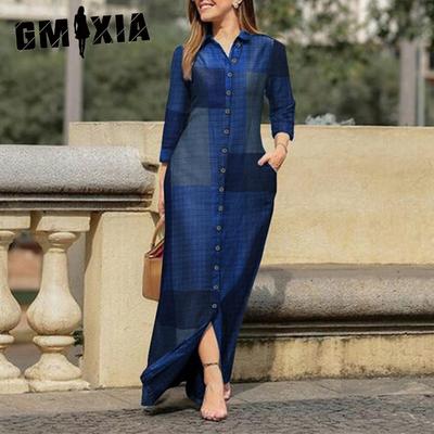 Women's Holiday Casual POLO Neck Robe Long Floral Print Cotton Dress Button Shirt Long Casual Dresses