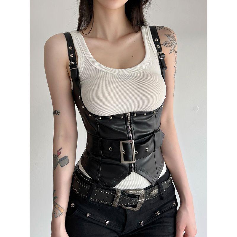 H Home European and American Women's Clothing Motorcycle Dark Metal Buckle Zipper Leather Chest Plate Pull Cool Sexy Rivet Vest Top Tide