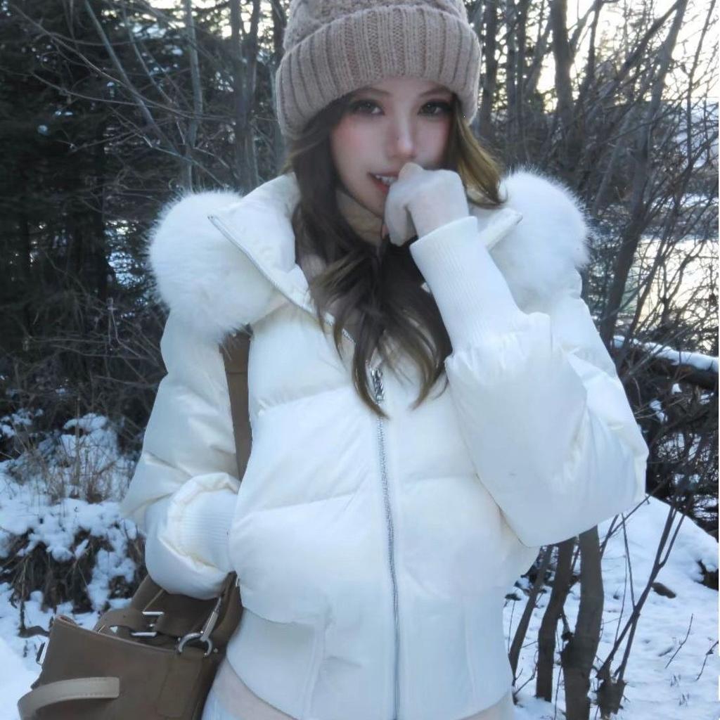 Korean style waist short cotton-padded clothes women's hooded big fur collar autumn and winter small people looking thin cotton-padded jackets are ava