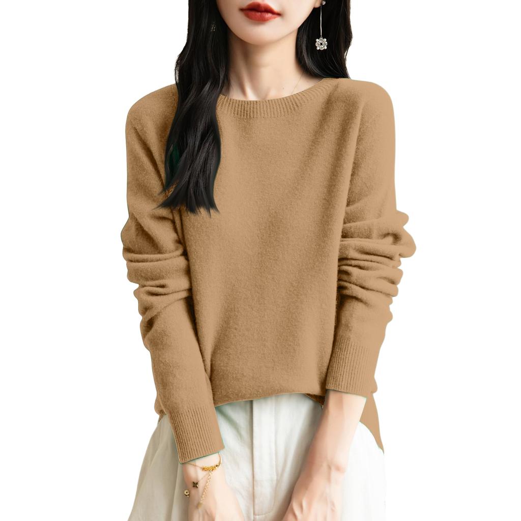 Women's Fashion Knit Round Neck Pullover Base Layer Sweater Color Long Sleeve Top