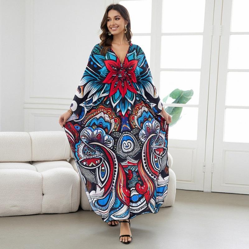 Vacation dress, long robe, loose positioned print beach cover-up, bikini dress