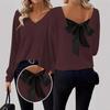 2025 Women's V-neck Solid Color Sweater: European & American Style, Autumn Long Sleeve, Casual Loose Fit with Bowknot