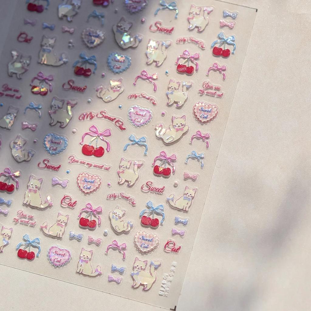5D Pudding Jelly Dessert Fruit Cherry Pink Claw Print Bowknot Tie Knot Love Heart Stars Nail Art Sticker Adhesive Manicure Decal