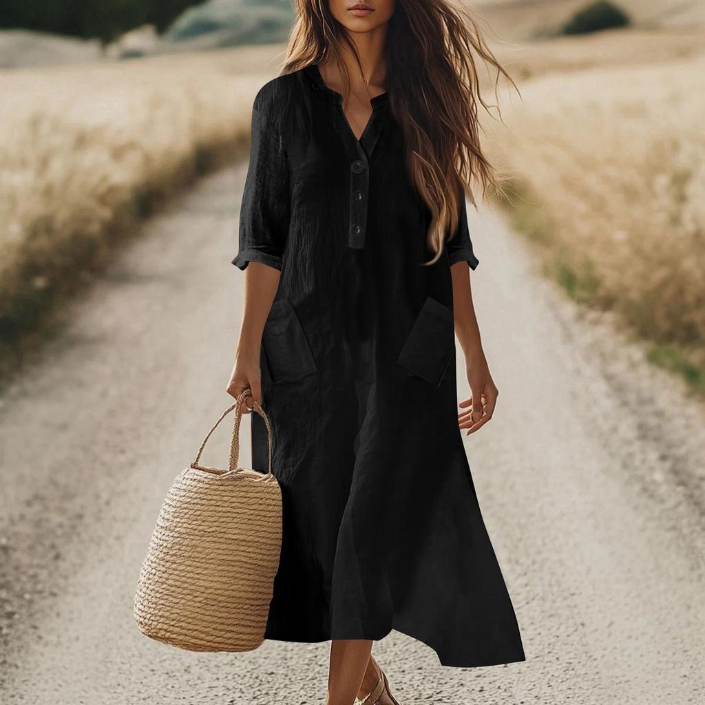 Women's Fashionable Cotton And Linen Button Solid-color Half-sleeved Loose Pocket Dress