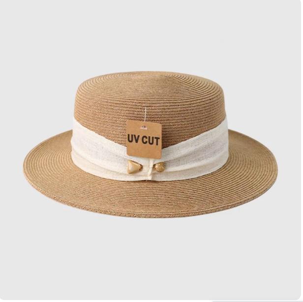 French Retro Flat Top Straw Sun Hat for Women Summer Beach Vacation Elegant Sunshade Protection Wide Brim Hat