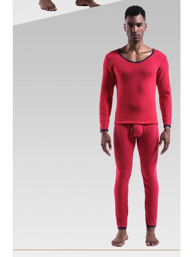 Men's Thermal Low-Neck V-Neck Cotton Suit: Velvet-Lined Sweater & Pants for Autumn/Winter