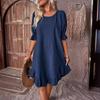 Women's Vintage Cotton Linen Mid Sleeve Solid Colour Loose Round Neck Dresses