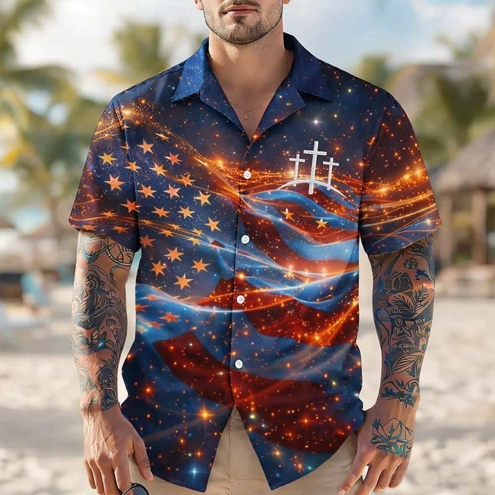 Men's 4th of July U.S. 250th Anniversary Cross US Flag Shirt Cuban Collar Shirt Button Up Shirt Short Sleeve