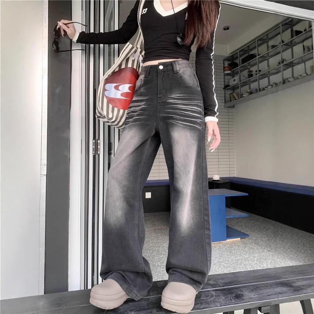 2025 Spring Women's High Street Black and Gray Wide-Leg Jeans - Loose, Slimming, Floor-Length.