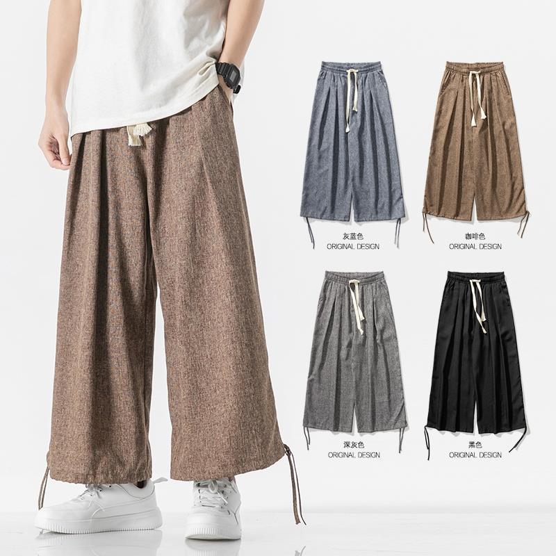 Men's summer light and large size cotton and linen straight wide-leg pants men's trend nine-point casual pants