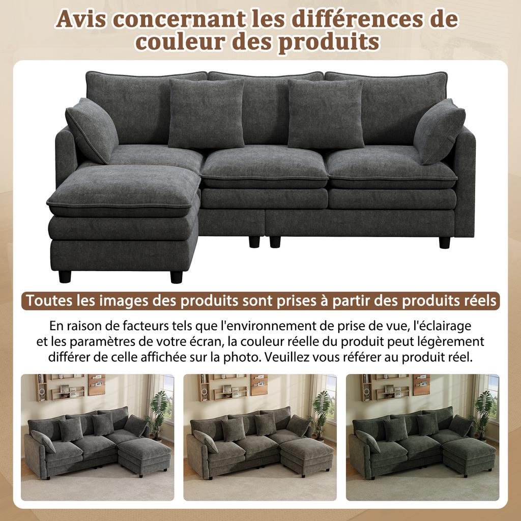 L-Shaped Corner Sofa with 4 Cushions and 3 Backrests, 3-Seater Sofa with Chaise Longue, Capacity up to 120 kg, Living Room Sofa 212×150×90 cm, Grey