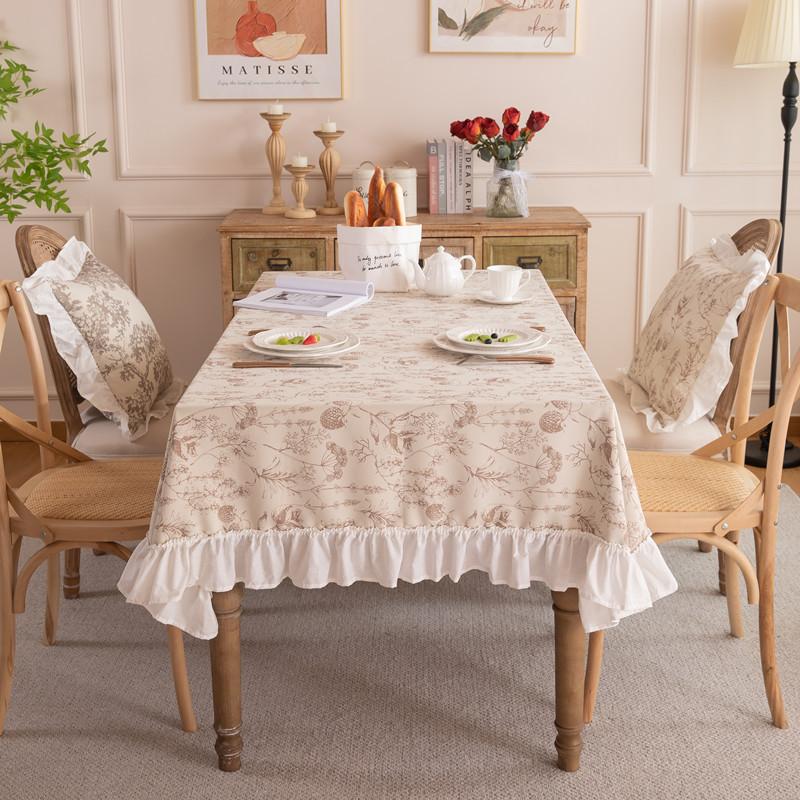 French Polyester Printed Plant Flower Pleated Lotus Leaf Fungus Edge Rectangular Coffee Table Tablecloth Dining Table Cloth