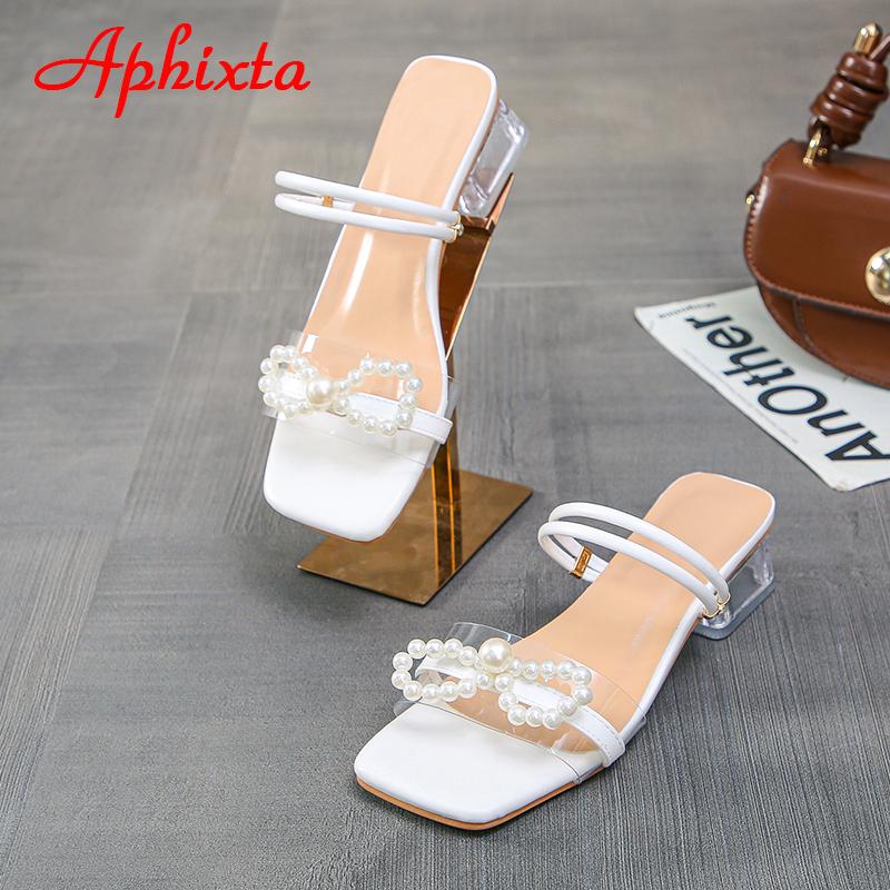 Aphixta 2025 Summer 4cmTransparent Square Heels Women Sandals Slides Pearl Butterfly-knot Open Toe Flip Flops Mujer Big Size 45