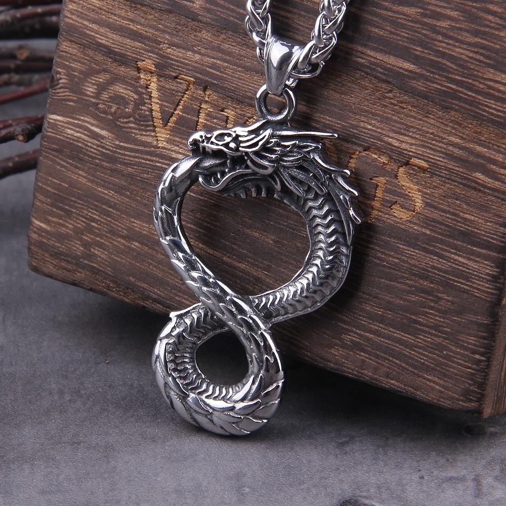 Never Fade Norse Ouroboros Dragon Snake Pendant Necklace with Wooden Gift Box