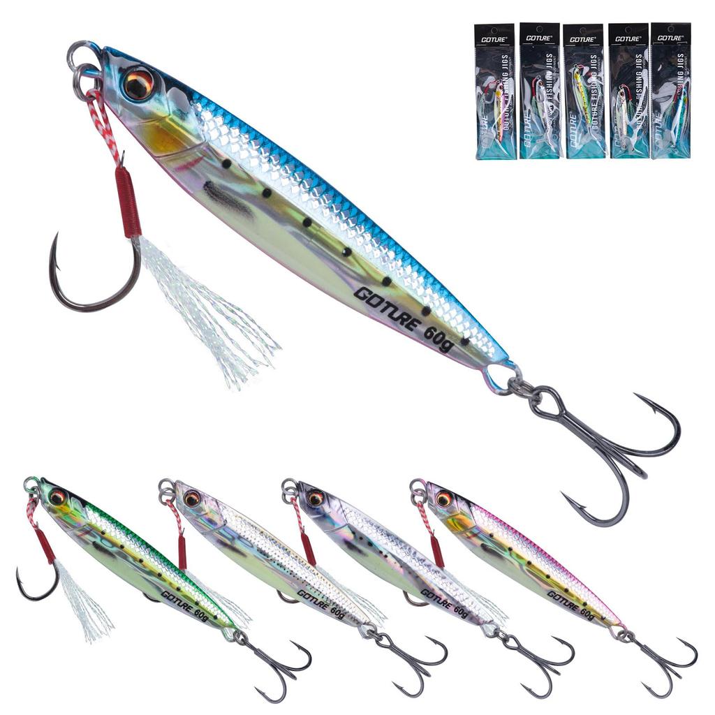 GOTURE Metal Jig with Triple Hook Jig Metal Jig Set Jig Sabiki Lure 5 Colors 60g 10cm
