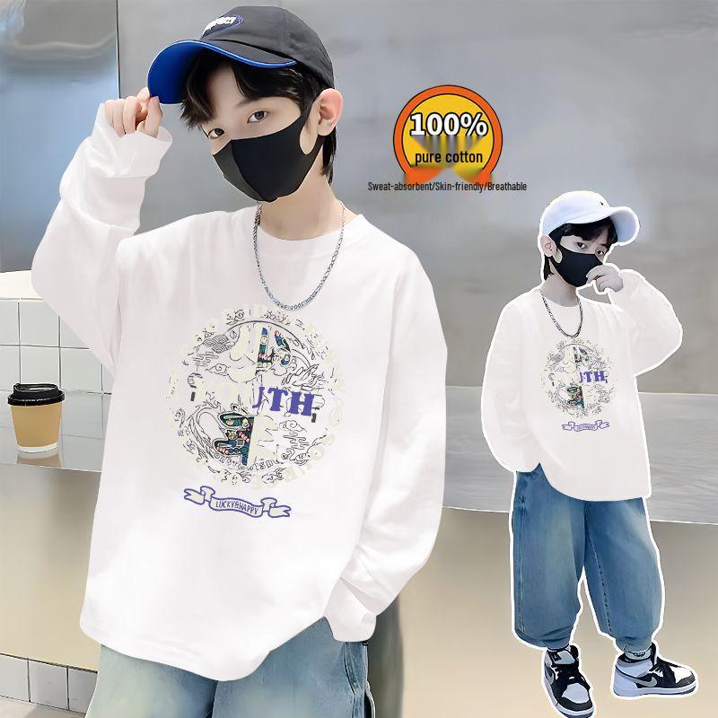 Trendiges Herbst-Baumwoll-Langarmshirt für Jungen - Lässiger lockerer Schnitt mit stylischem Buchstabenaufdruck