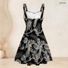 Women Plus Size Black Tropical Leaf Printed Square Neck Sleeveless Strappy Flared Dress