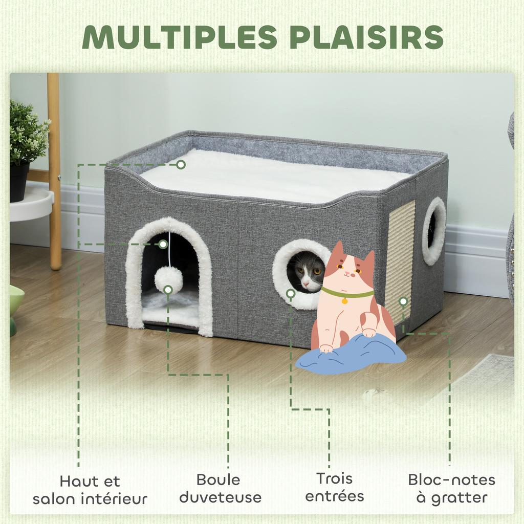 Foldable Indoor Cat House with Scratching Post, Elevated Bed, 60 x 40 x 34 cm, Grey