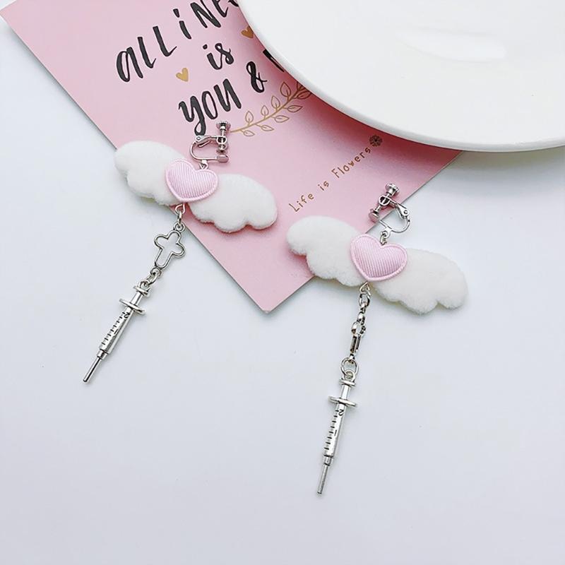 Unique Gothic Earwear Fashion Angel Wing Heart Earrings Y2k Aesthetics Jewelry Crucifix Syringe Ear Hooks/Ear Clips