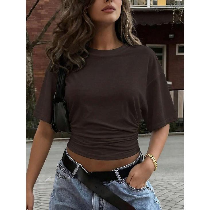 2026 Summer Pleated Solid Color Round Neck Slim-Fit Women's Short-Sleeve T-Shirt